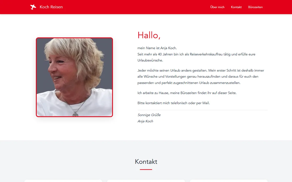 Startseite von Koch Reisen mit Foto und Begrüßung von Anja Koch