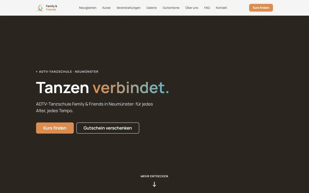 Startseite der Tanzschule Family & Friends mit der Überschrift „Tanzen verbindet.“